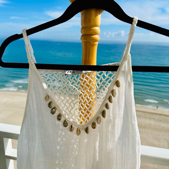 Zara chic White gauze Maxi/midi Dress with shell Accents - Picture 1 of 8